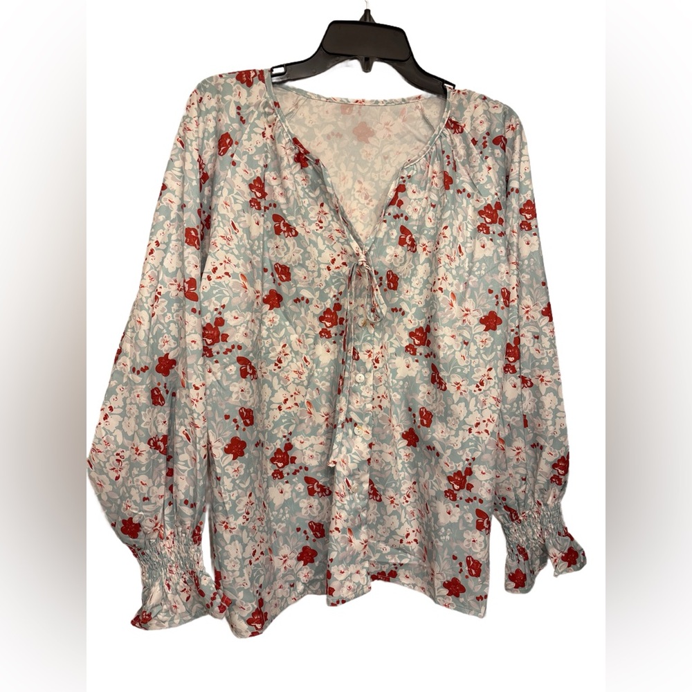Women's V-Neck Tie-Up Printed Lantern Long-Sleeved Shirt